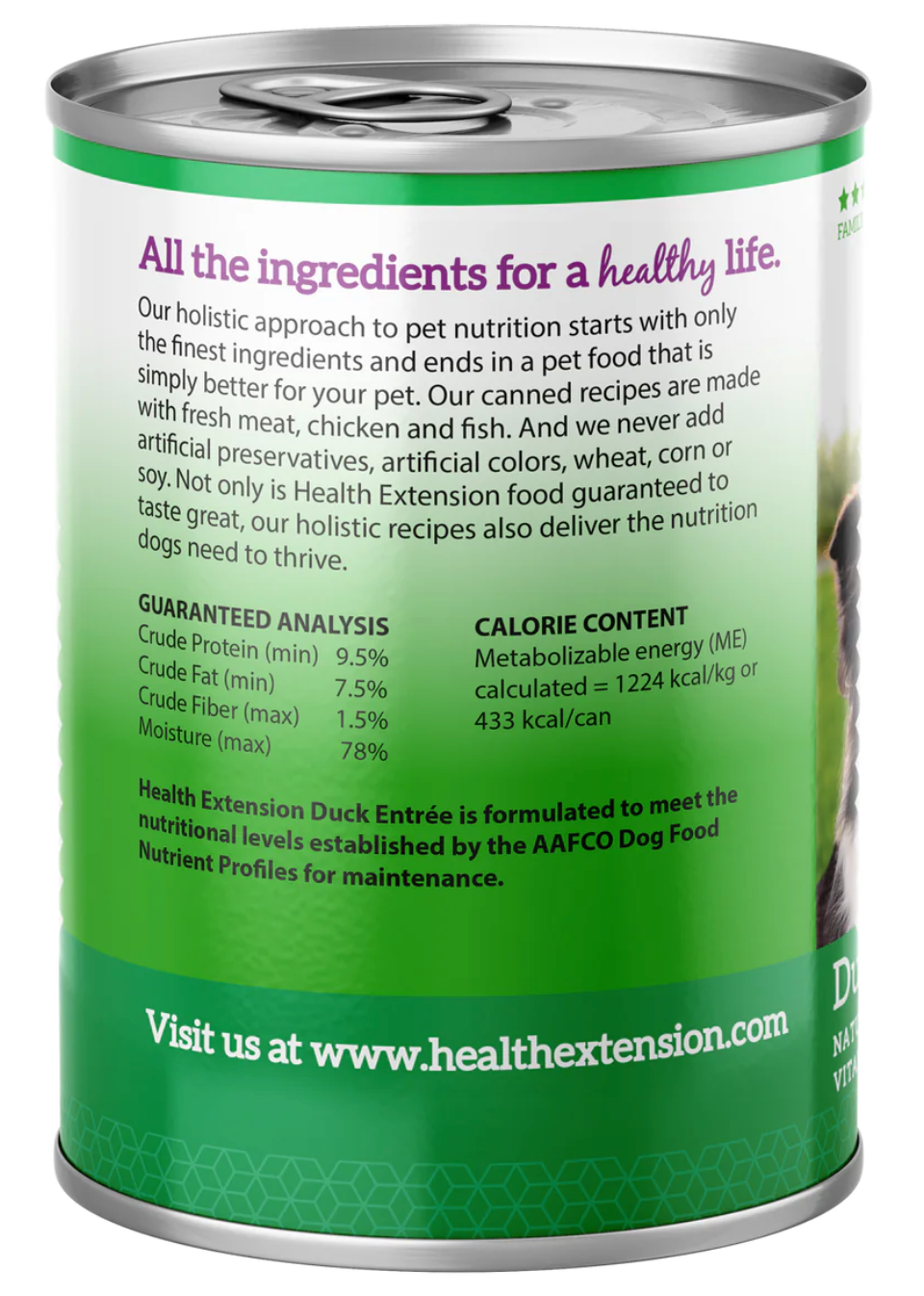 Health Extension Grain Free Duck Wet Dog Food can with nutritional information for healthy dog diets