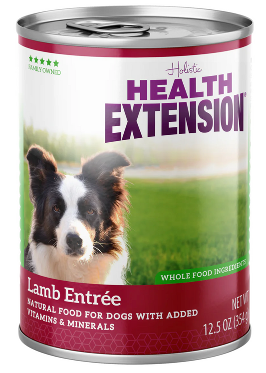 Health Extension Grain Free Lamb Wet Dog Food in a 12.5 oz can for natural dog nutrition