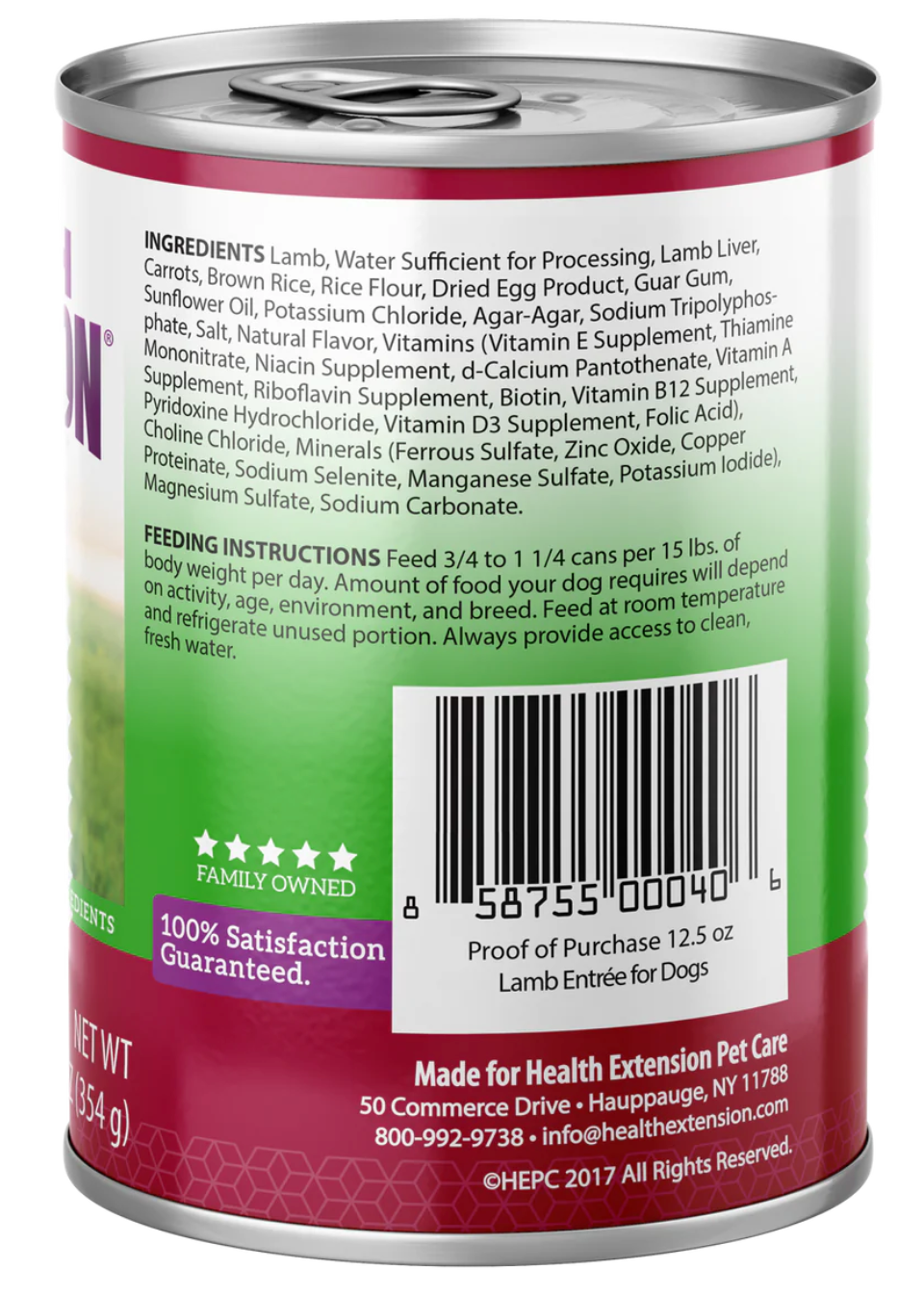 Health Extension Grain Free Lamb Wet Dog Food in a 12.5 oz can with nutrition details