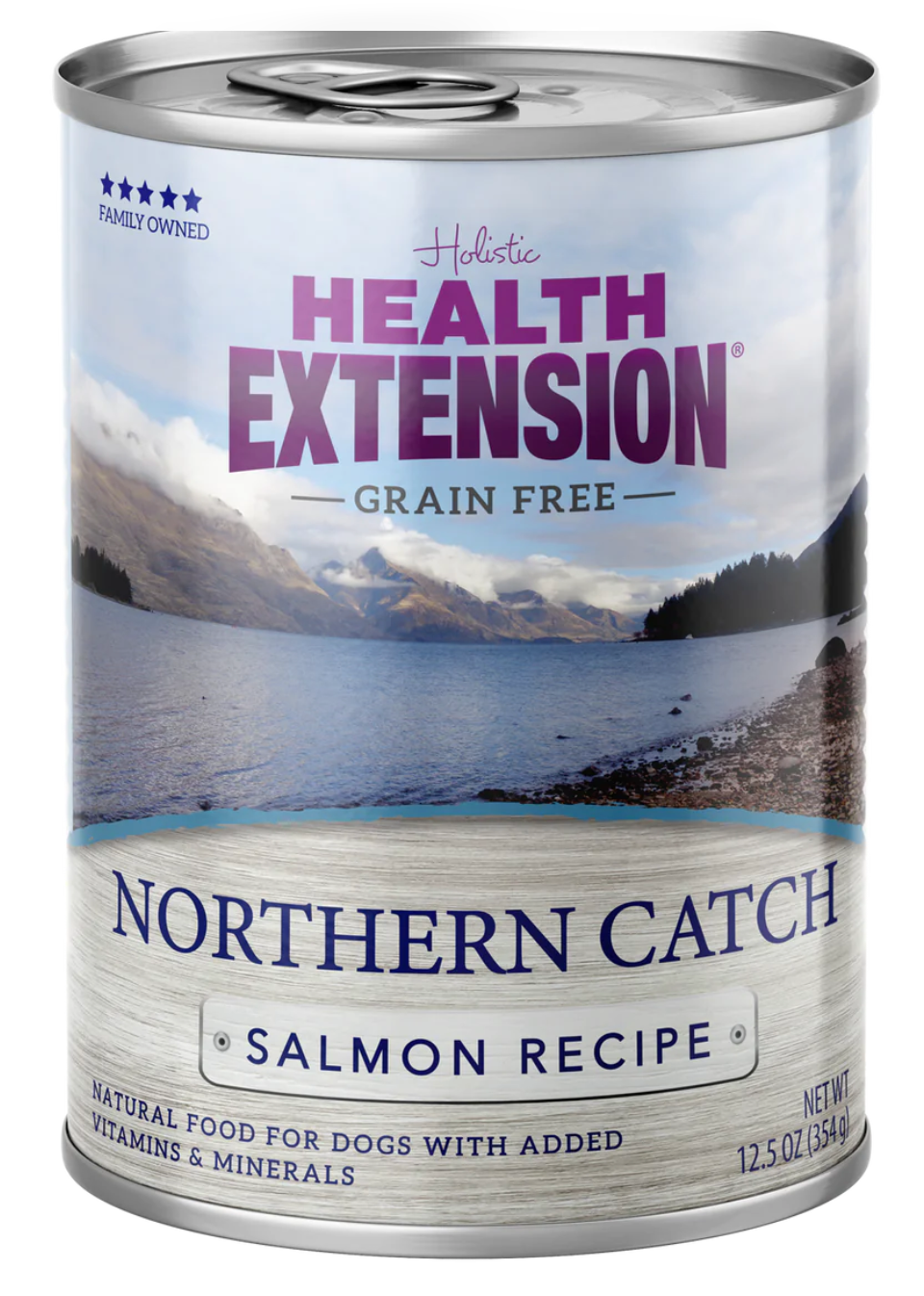Health Extension Northern Catch grain free salmon dog food in a 12.5 oz can with a scenic lake view