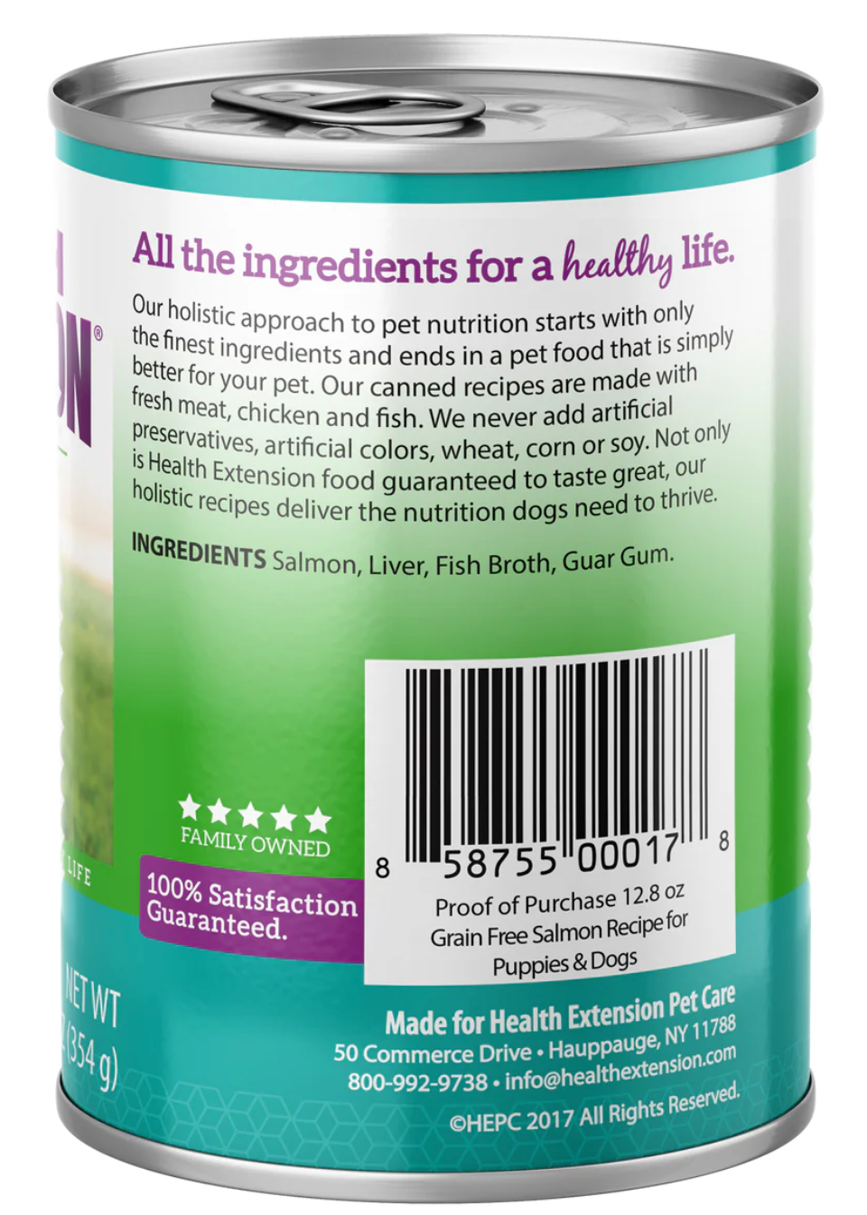 Health Extension grain free salmon dog food can with ingredients for healthy pet nutrition