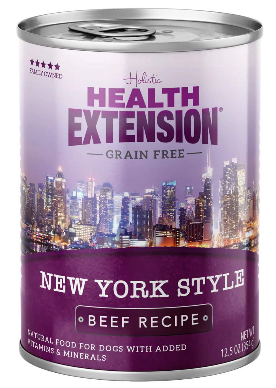 Health Extension New York Style dog food beef recipe in a 12.5 oz can with a city skyline design