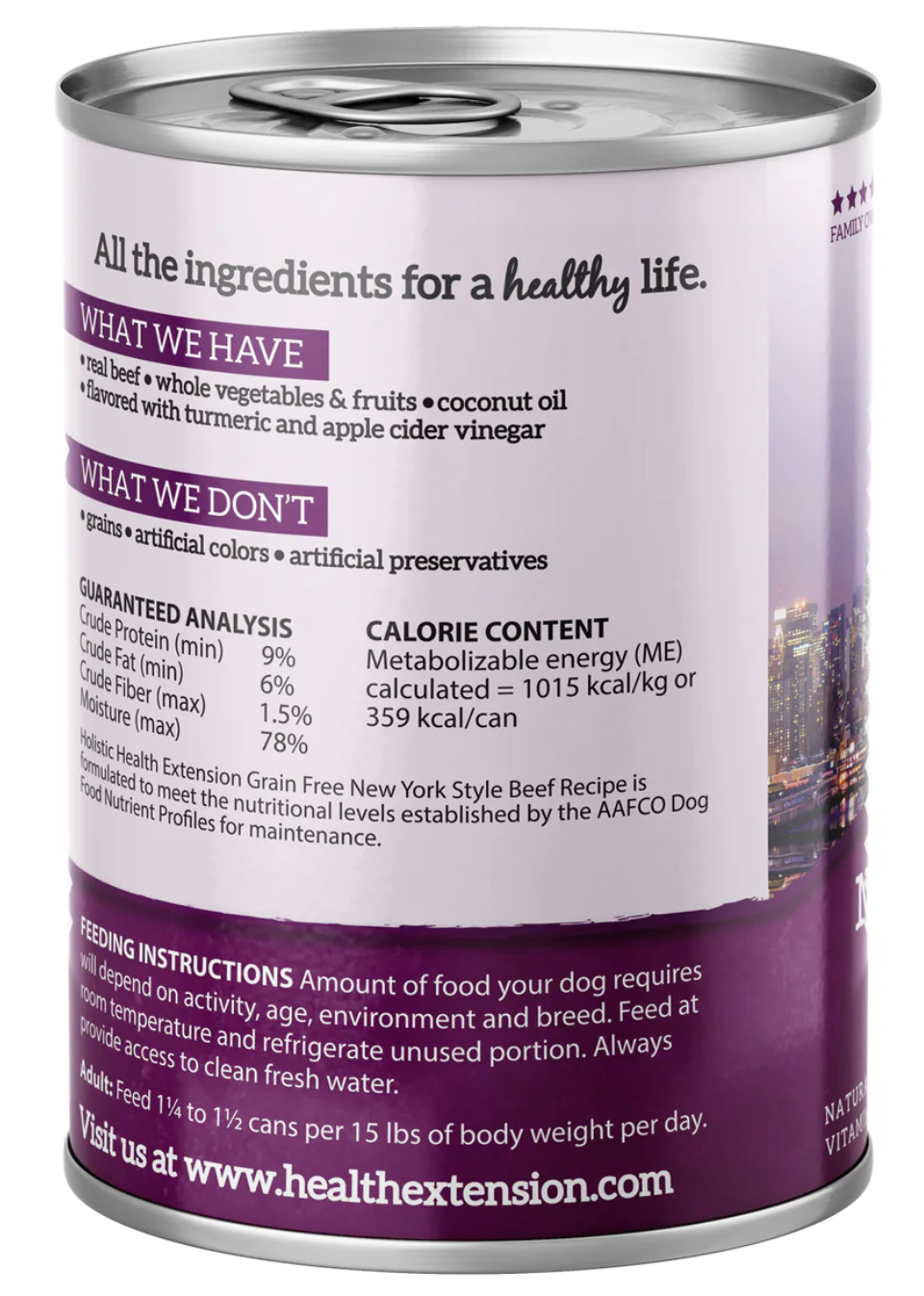 Health Extension New York Style dog food in a can featuring real beef and fresh vegetables