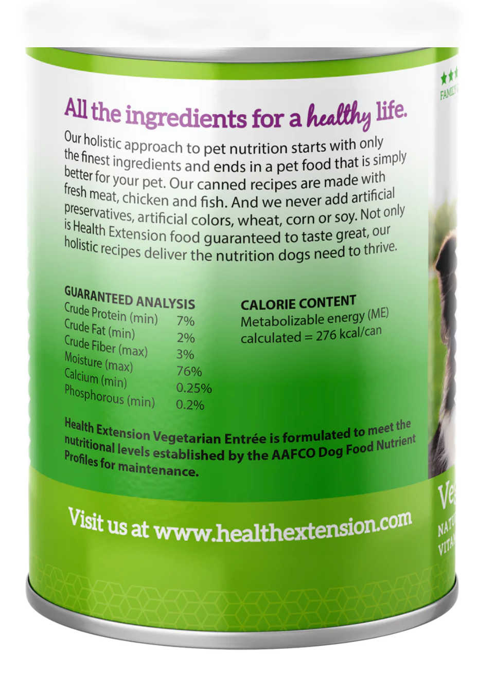 Health Extension Vegetarian Wet Dog Food Grain Free can with nutrition details for healthy pets