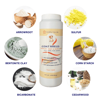 Purrfect Pet Kingdom natural pet deodorizing powder Coat Shield with arrowroot, sulfur, bentonite clay, corn starch, bicarbonate, and cedarwood
