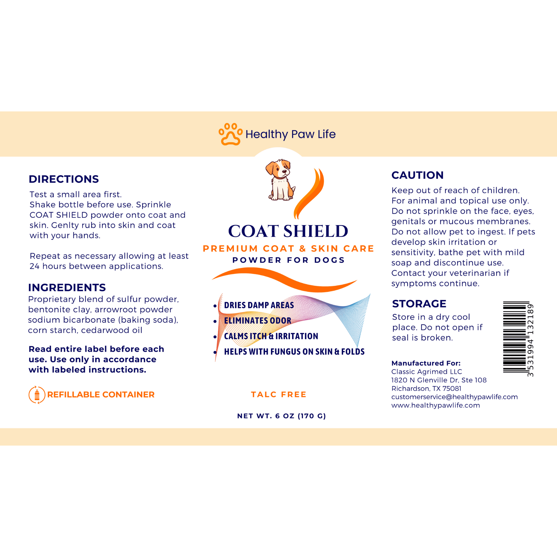 Purrfect Pet Kingdom natural pet deodorizing powder Coat Shield for dogs with paw and skin protection