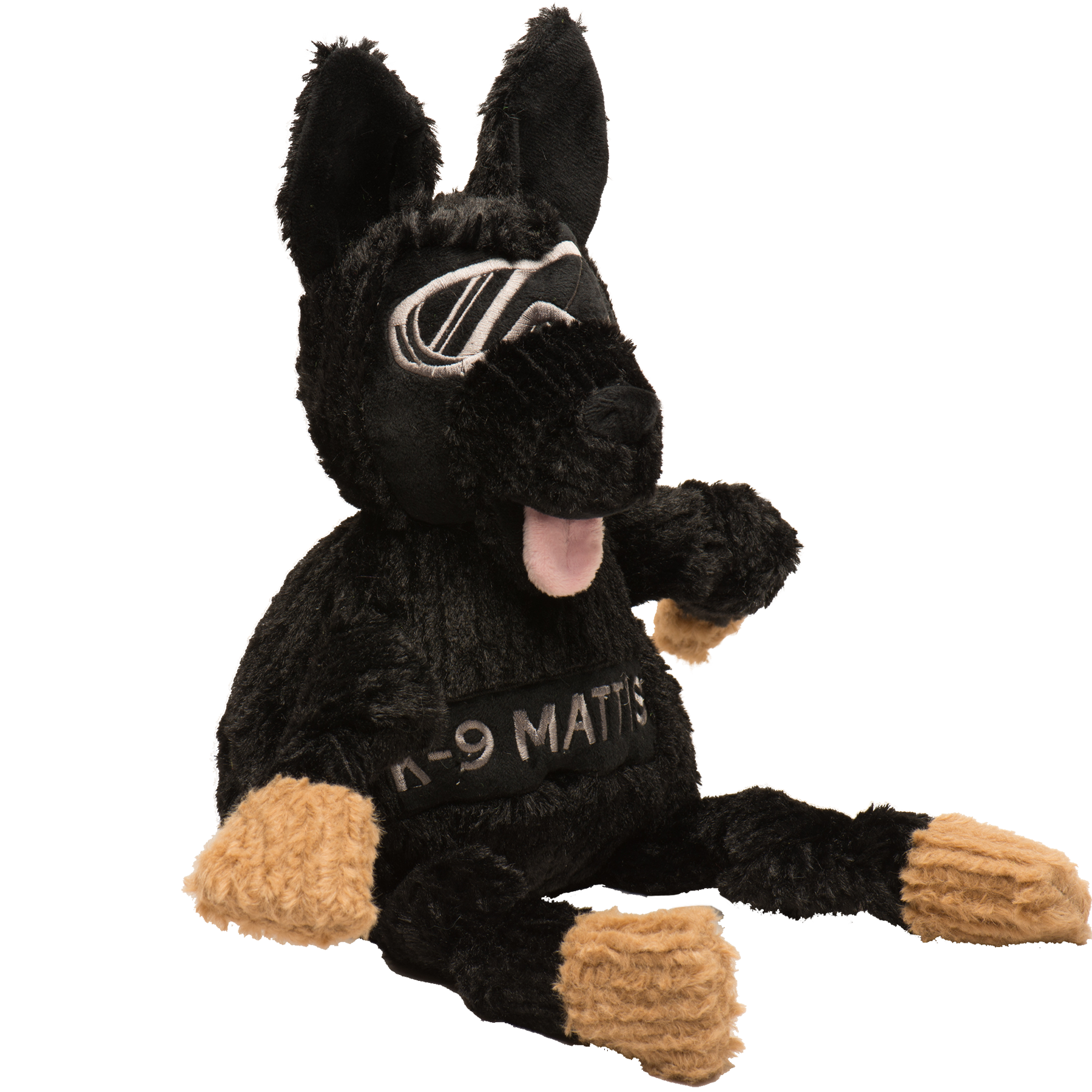 Black plush K-9 Mattis toy with tan paws, embroidered goggles, pink tongue, and "K-9 MATTIS" on its chest.