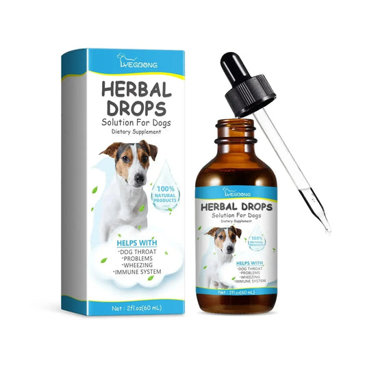 Herbal drops for dog coughing in a brown bottle with dropper and blue box packaging