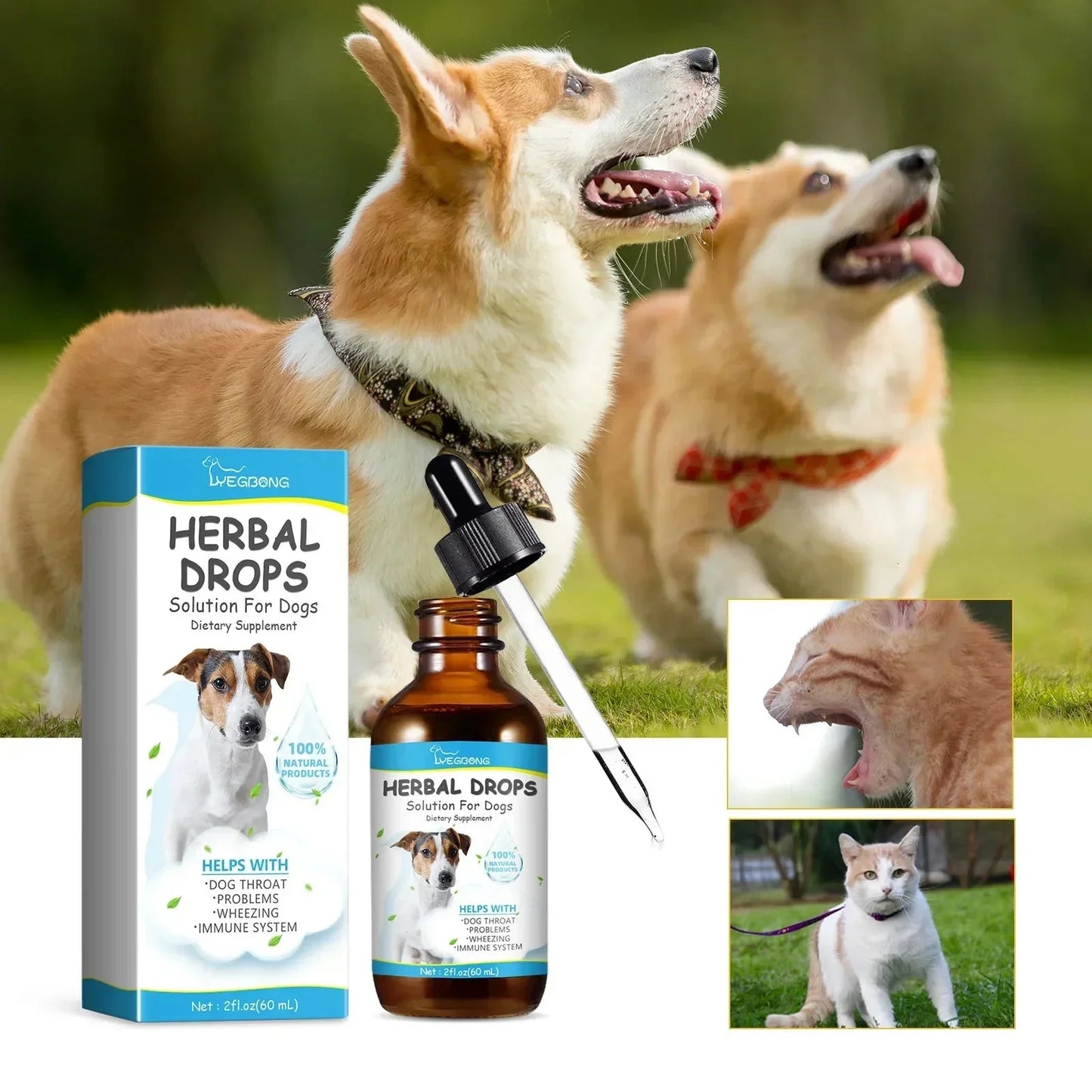 Purrfect Pet Kingdom Herbal Drops for dog coughing in a brown bottle with dropper and packaging, ideal for pet health.