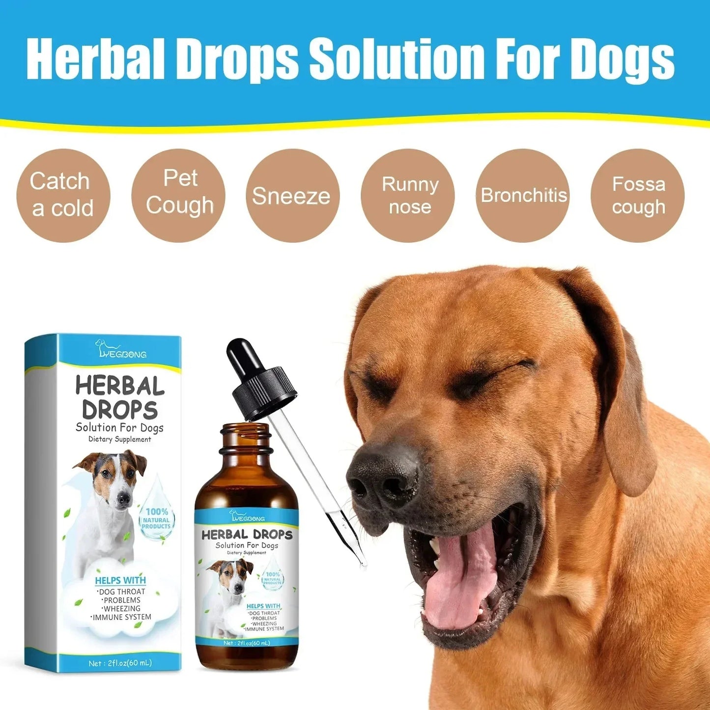 Herbal Drops for dog coughing in a bottle with a dog sneezing and the product box displayed