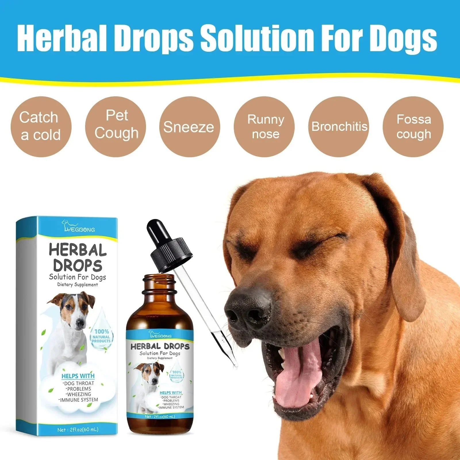 Herbal Drops for dog coughing in a bottle with a dog sneezing and the product box displayed