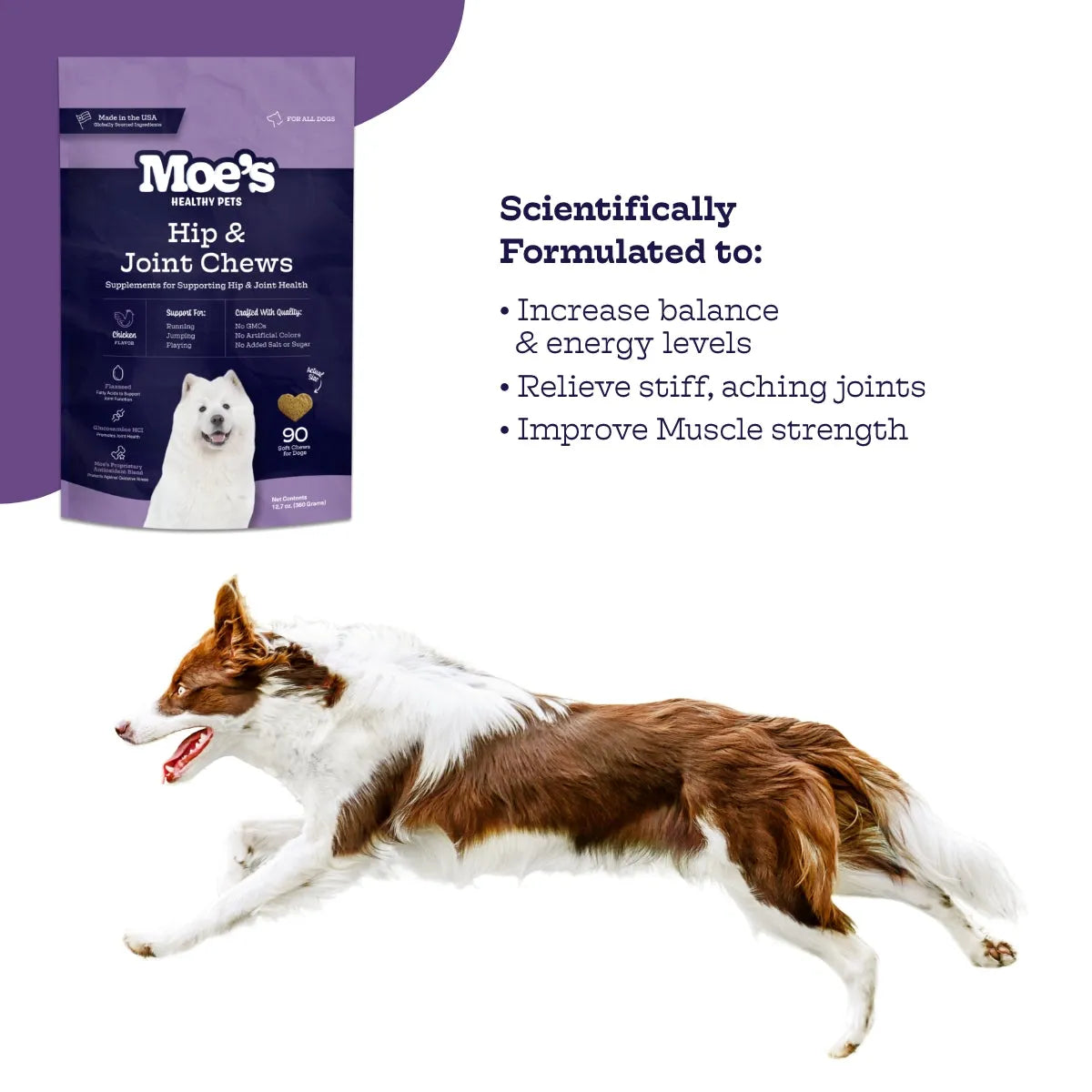 Hip & Joint Chews by Moe's Healthy Pets, 27.99, soft chewable treats for pets, promoting joint health and mobility.