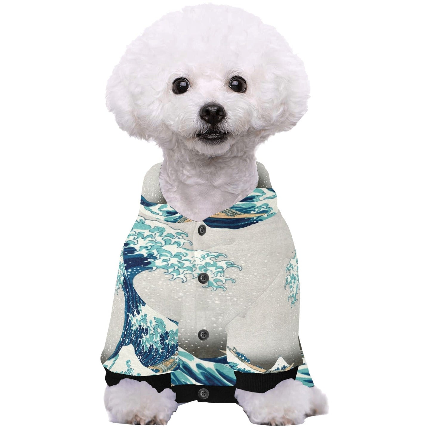 Pet Apparel Hokusai Great Wave Off Kanagawa Button Hoodie - close up product image for pet apparel