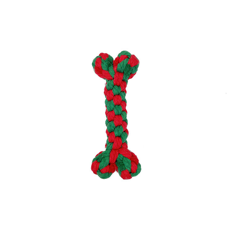 Holiday pet gifts for dogs, a festive red and green rope bone toy for playful pups