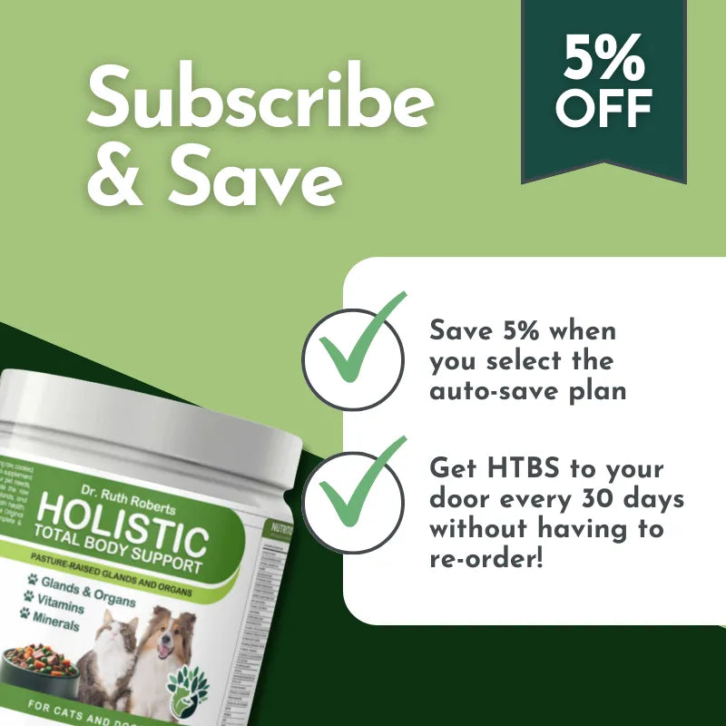 Holistic Total Body Support multivitamin for dogs and cats by Dr. Ruth Roberts, featuring a vibrant label and 64.00 size v...