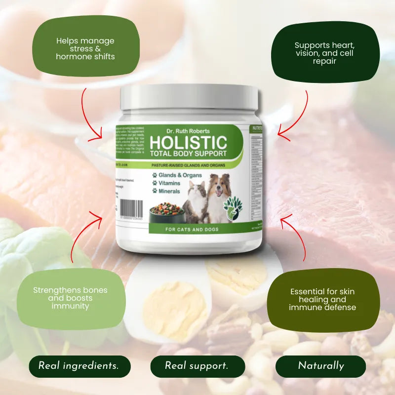 Holistic Total Body Support multivitamin by Dr. Ruth Roberts for dogs and cats, featuring a 64.00 size, ideal for pet health.