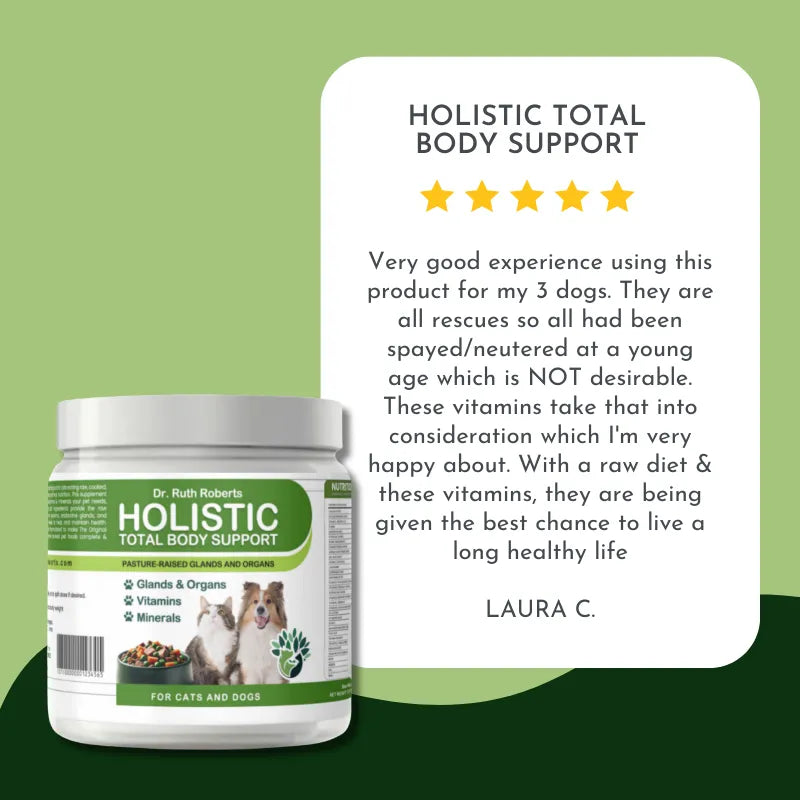 Holistic Total Body Support multivitamin by Dr. Ruth Roberts for dogs and cats, featuring a 64.00 size, ideal for pet health.