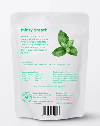 Homemade Dog Treats - Minty Breath Blend by Doodle Doo Bakery, 1/2lb package of greenish snacks for freshening dog breath.
