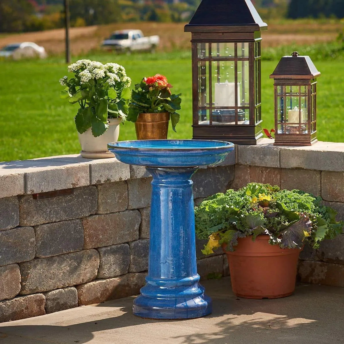 HomePacific - 2 Gallon Blue Ceramic Traditional Outdoor Patio Garden Birdbath - Bird Baths