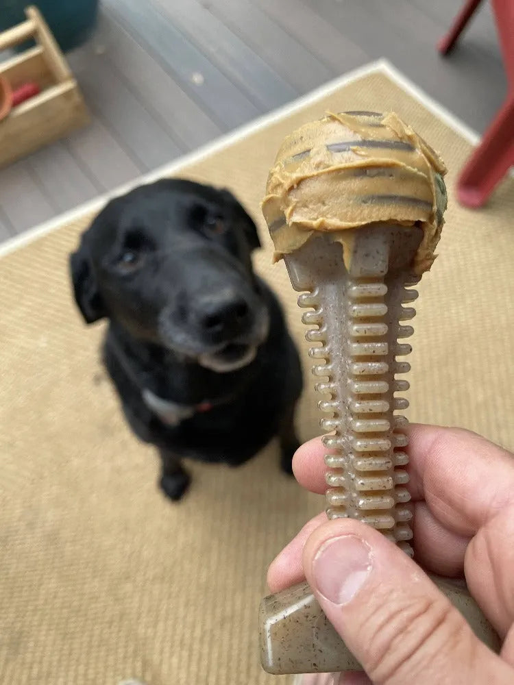 Large Honey Bone Dental Tower Nylon Chew Toy in beige by SodaPup, ideal for aggressive chewers, USA made.