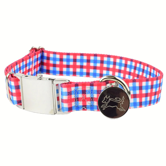 Hot Dog Collars - Southern Dawg Gingham Red and Blue Premium Dog Collar
