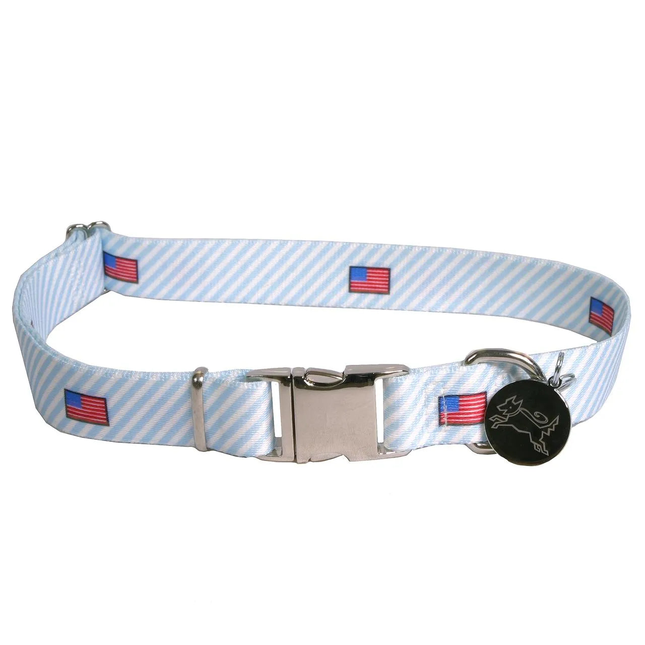 Hot Dog Collars - Southern Dawg Seersucker Blue with American Flags Premium Dog Collar - Collars