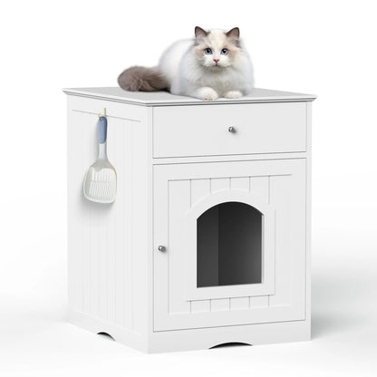 HouseOfZazla - Pet House Cat Litter Box Enclosure With Drawer, Side Table - Litter Boxes