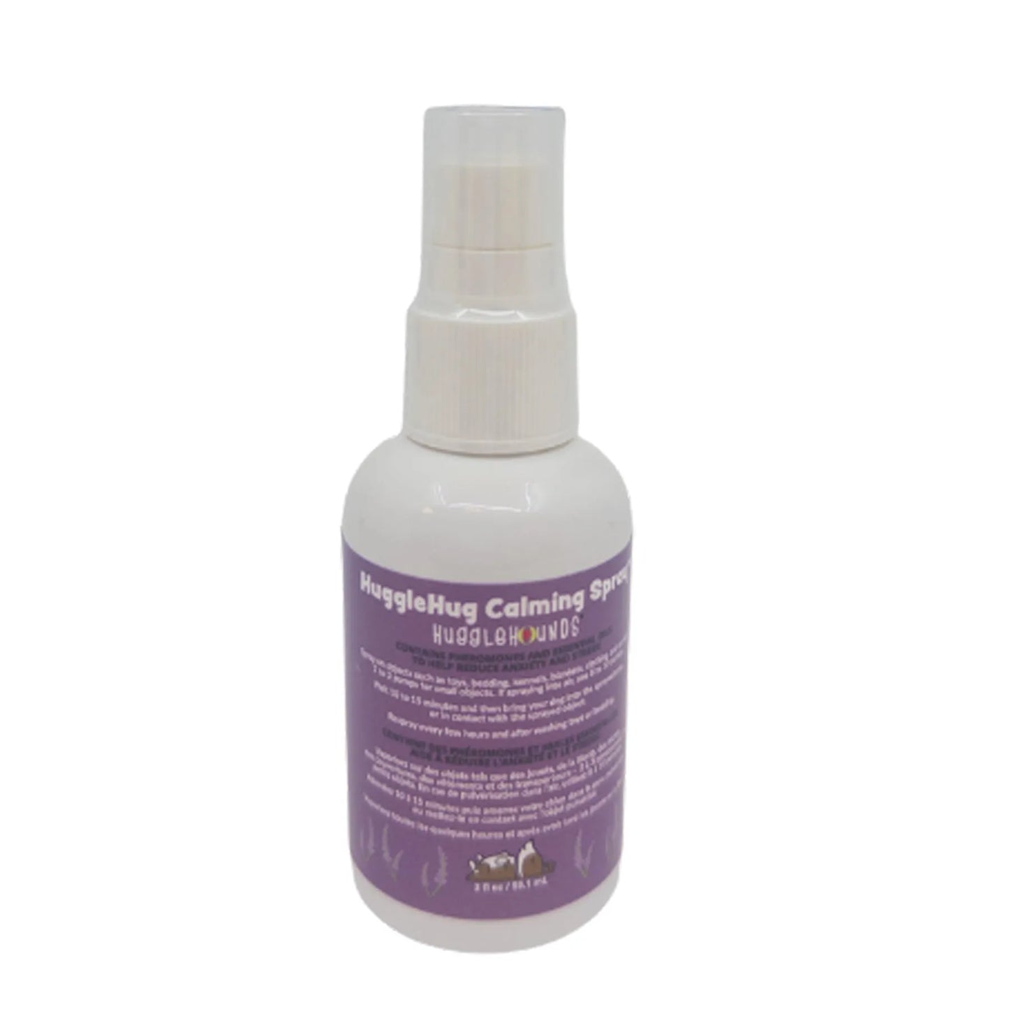 HuggleHounds HuggleHug Lavender Calming Spray 2oz for anxious dogs and cats, soothing lavender scent in a compact bottle.