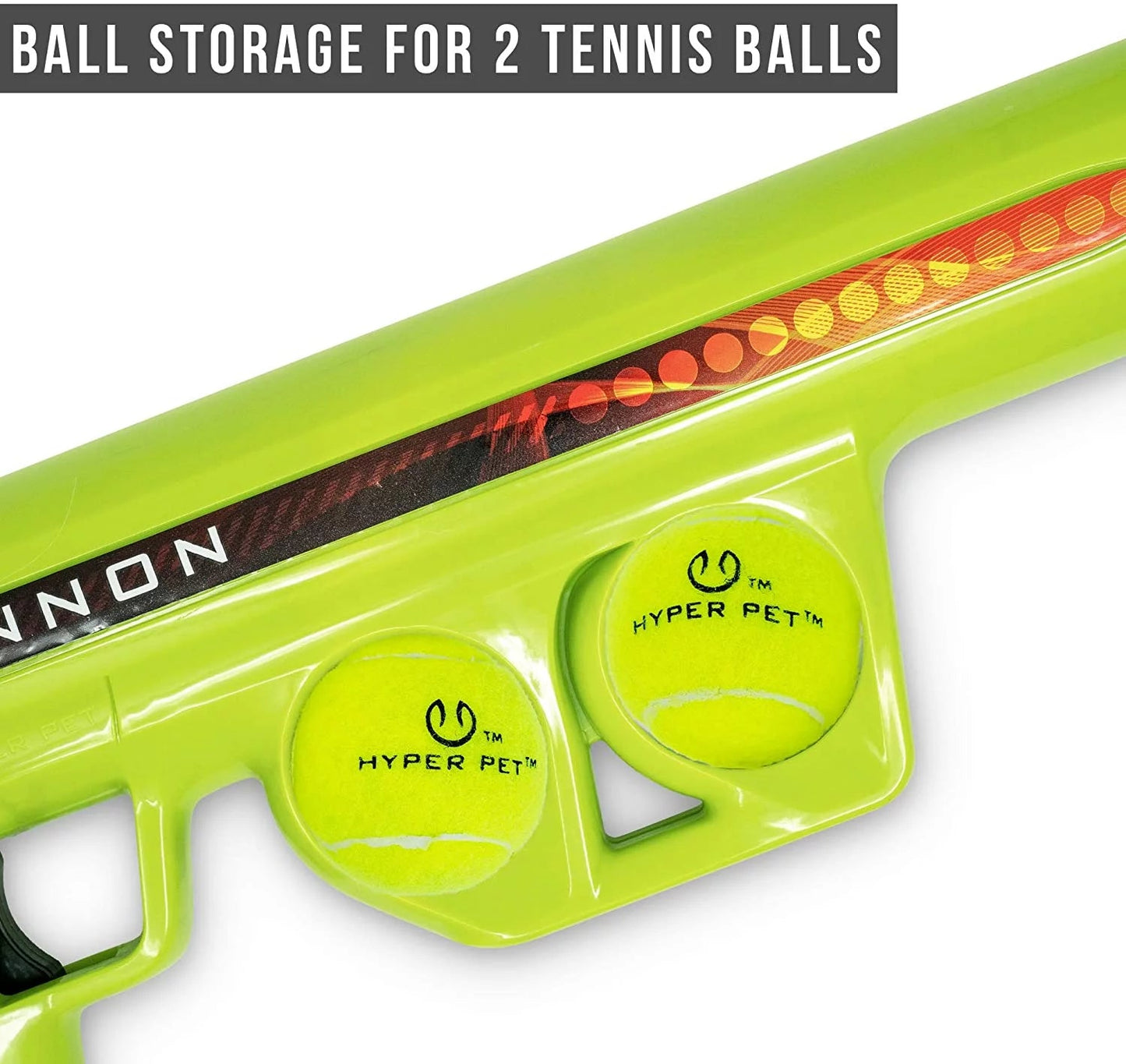 Bright green automatic tennis ball shooter for pets with storage for 2 tennis balls