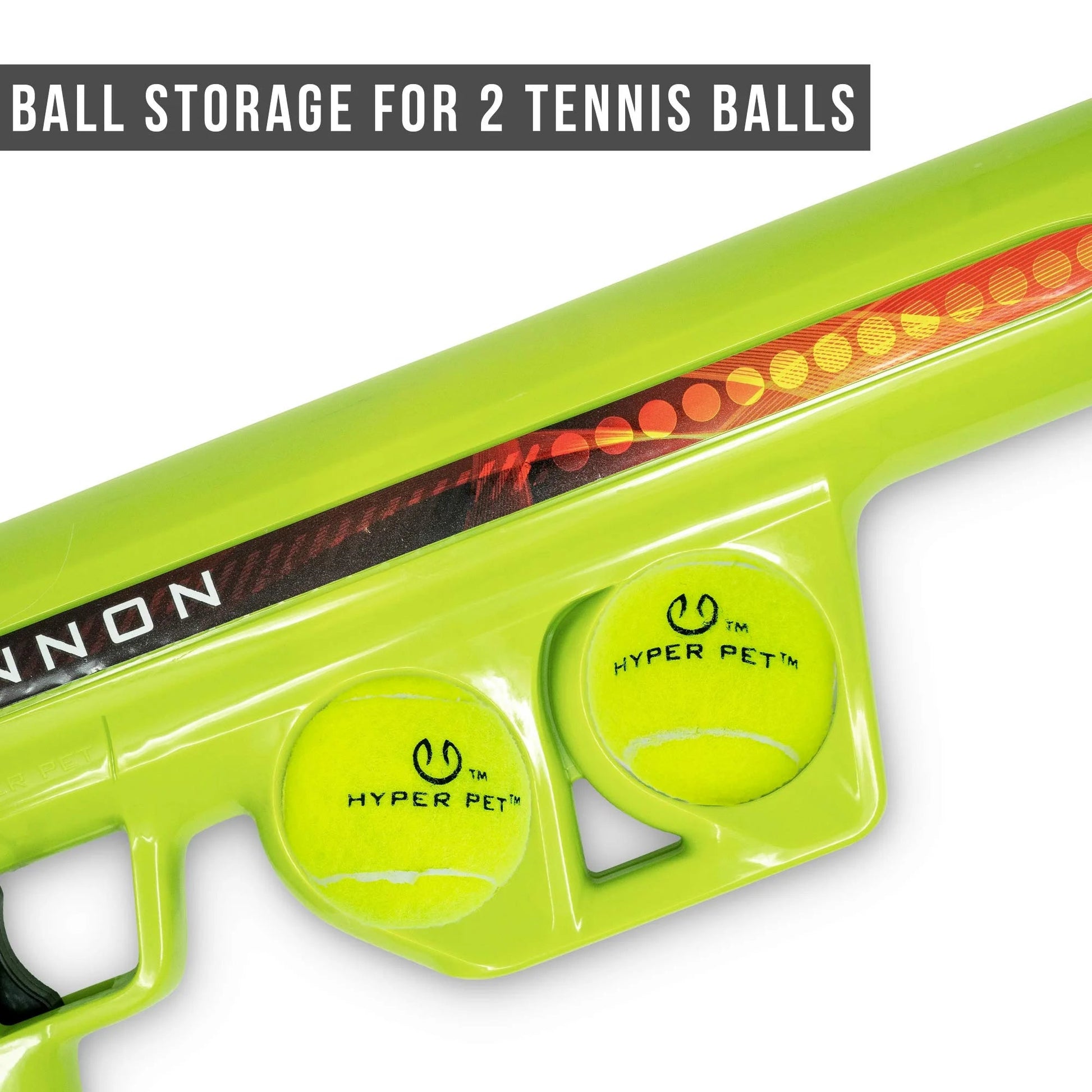 Green automatic tennis ball shooter for pets with storage for 2 tennis balls for fun playtime