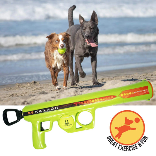 Green K9 Kannon automatic tennis ball shooter for pets, designed for fun outdoor play with dogs