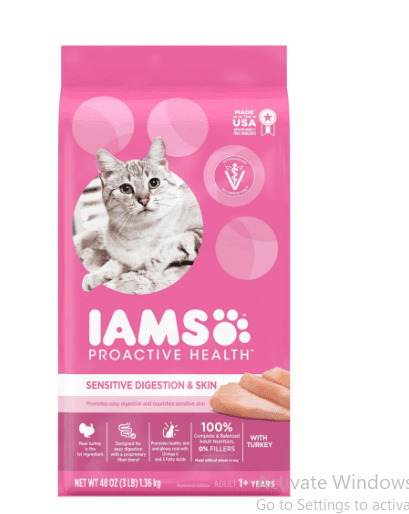 IAMS proactive health cat kibble for sensitive digestion and skin with real turkey in pink packaging