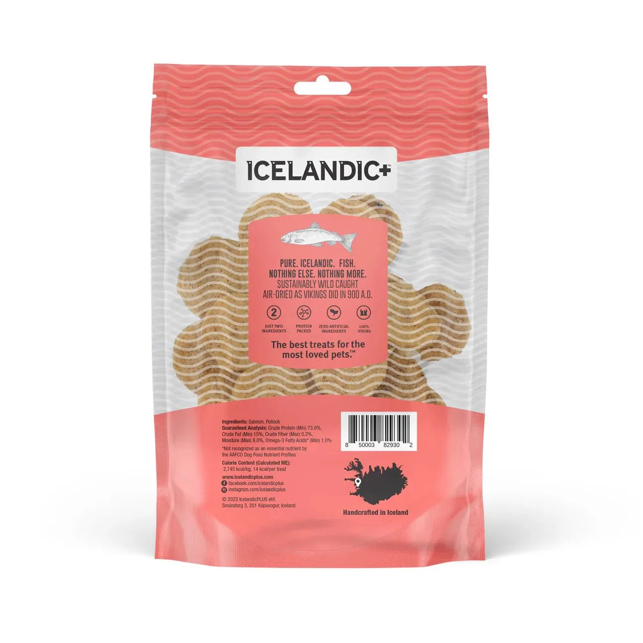 Icelandic Salmon Chips for Puppies by The Family Pet, natural dog treats in a vibrant package, priced at $12.99.