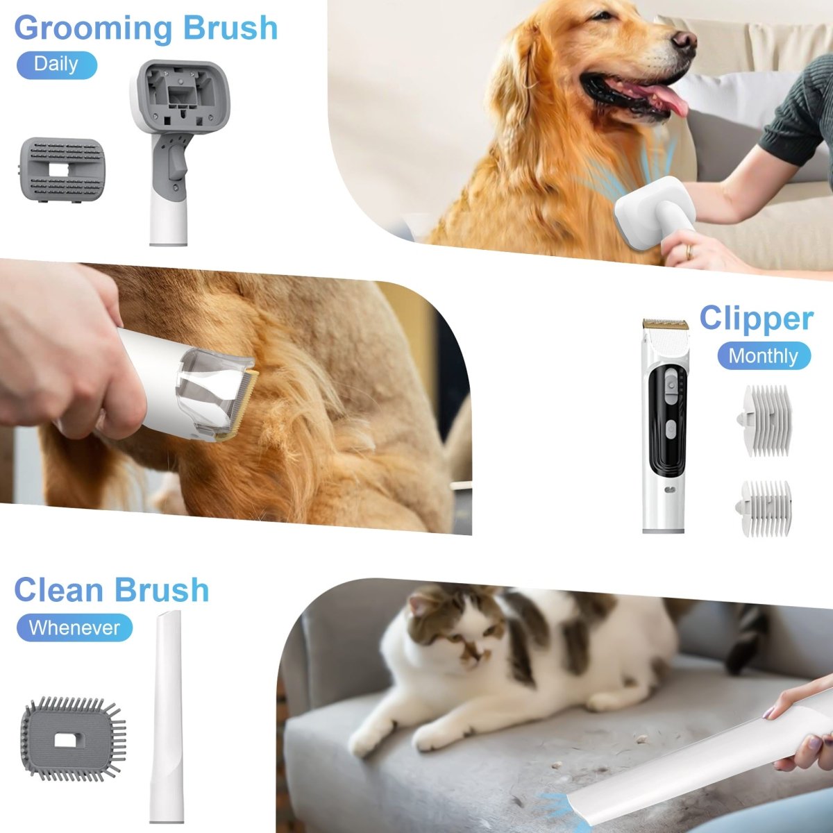 Purrfect Pet Kingdom deshedders with grooming brush and pet hair vacuum for dogs and cats in use