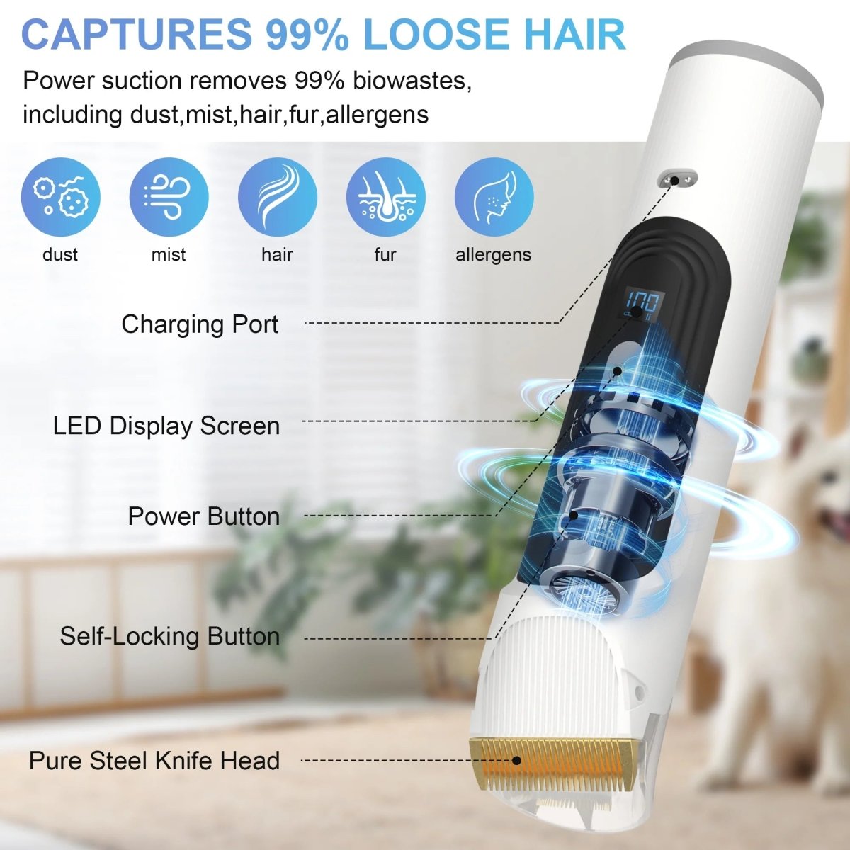 Purrfect Pet Kingdom deshedder with LED display and self-locking button for efficient pet hair vacuum for dogs and cats
