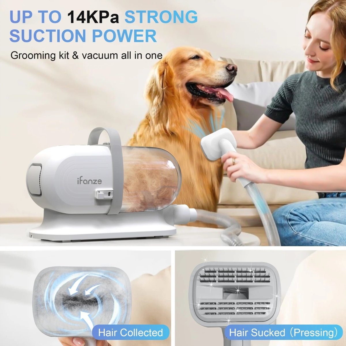 Purrfect Pet Kingdom grooming vacuum for dogs and cats showcasing strong suction power and hair collection features
