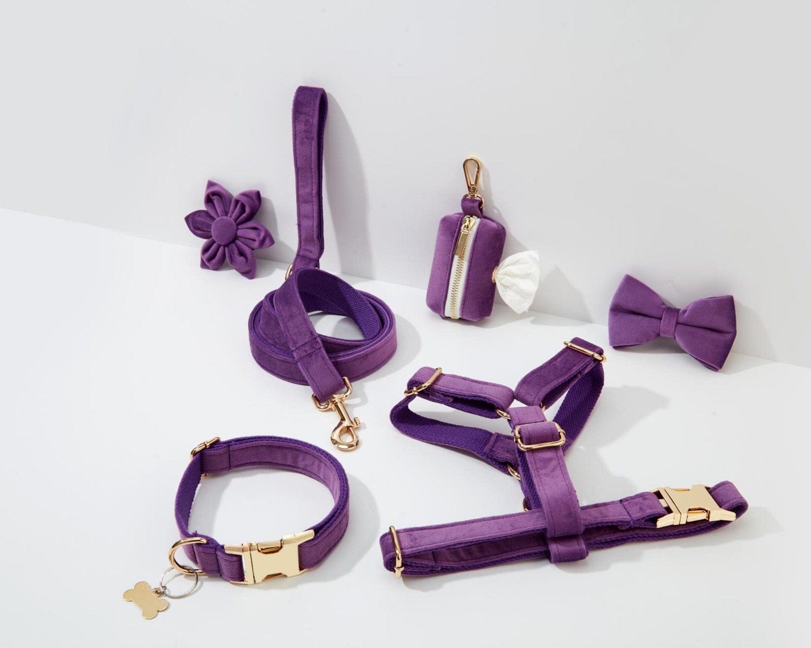 Purrfect Pet Kingdom purple velvet dog collar, leash, and harness set with gold hardware and matching accessories.