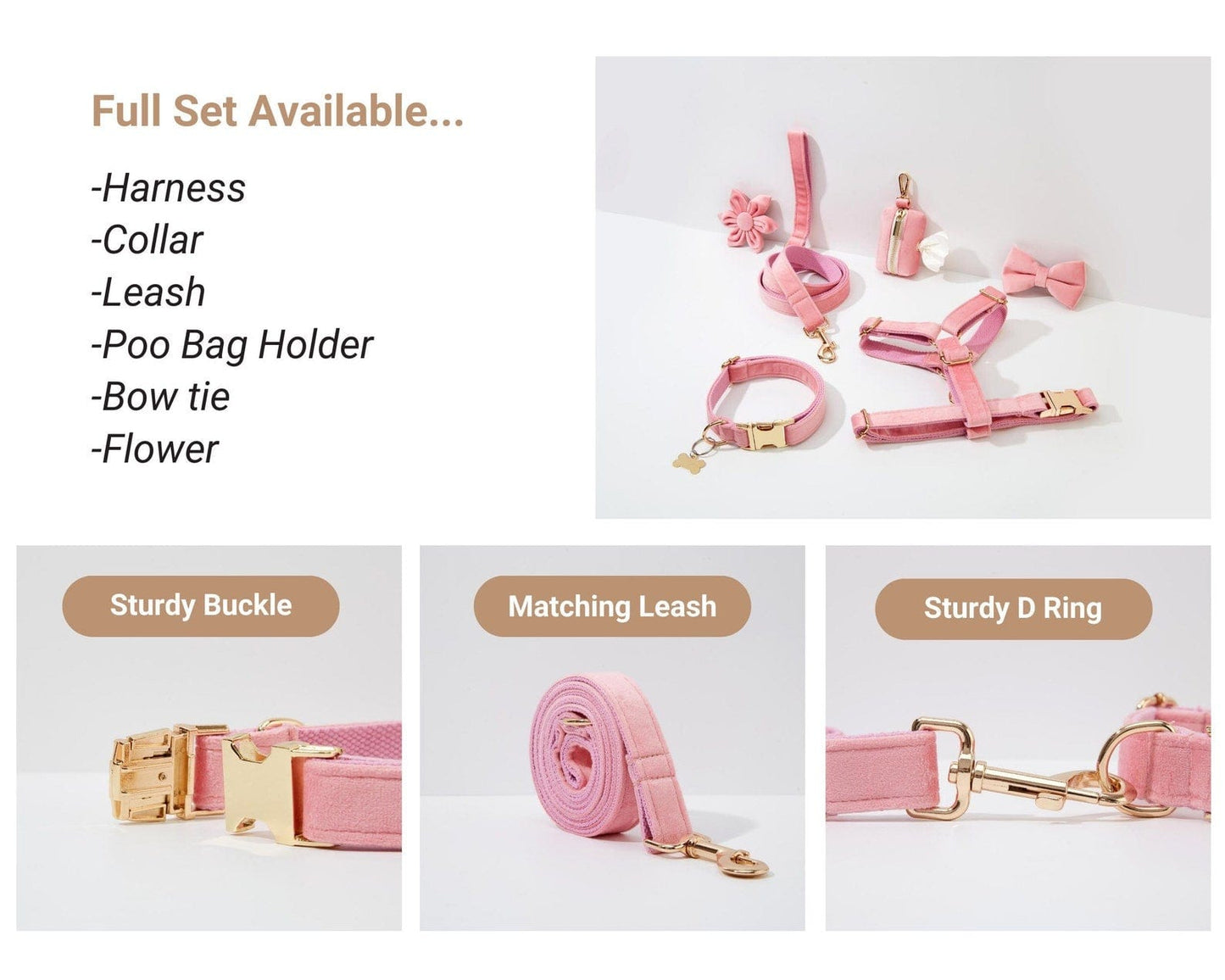 Luxurious Pink Velvet Dog Harness Leash and Collar Set Small