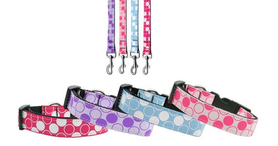 Pet Dog & Cat Nylon Collar or Leash, "Diagonal Dots" - WooF WooF MeoW MeoW
