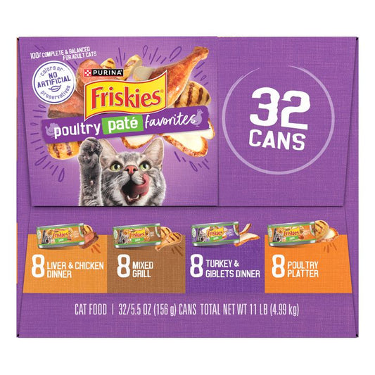 32Ct 5.5oz Friskies Pate Poultry Favorite's Variety Pack - Wet Cat Food - The Family Pet