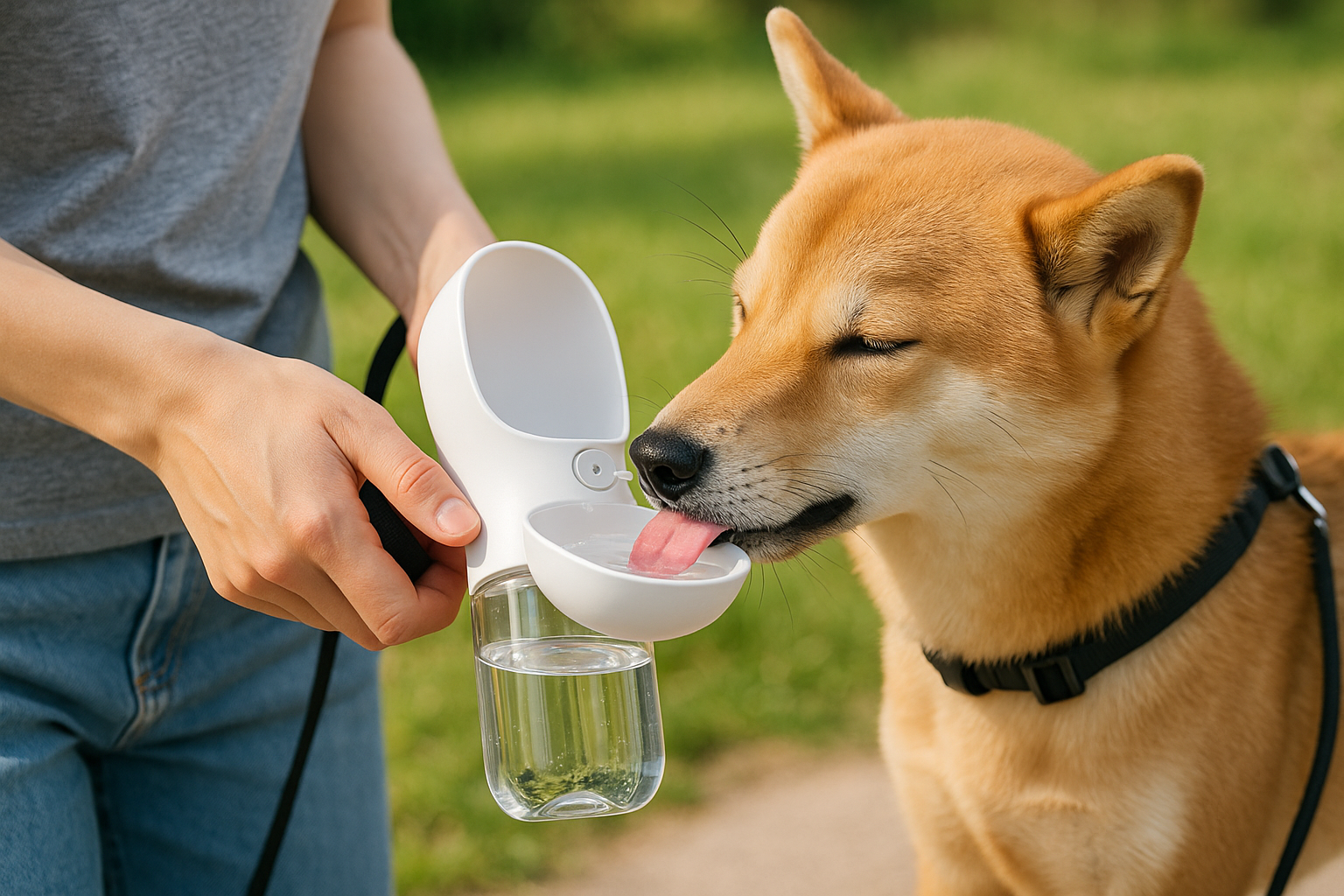 MOST POPULAR Purrfect Pet Kingdom portable dog travel water bottle with attached bowl being used outdoors