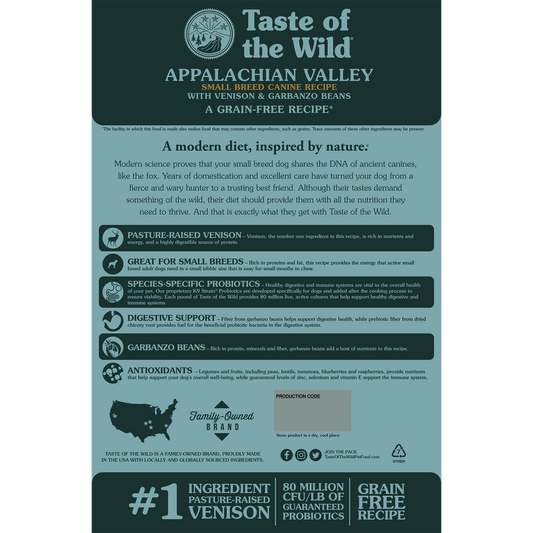 Taste of the Wild Adult Appalachian Venison and Garbanzo Beans Small Breed Canine Food - Dry Dog Food - The Family Pet