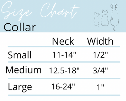 Blue/white size chart for Oopsie Daisy! Collar. Neck sizes: Small (11-14"), Medium (12.5-18"), and Large (16-24").