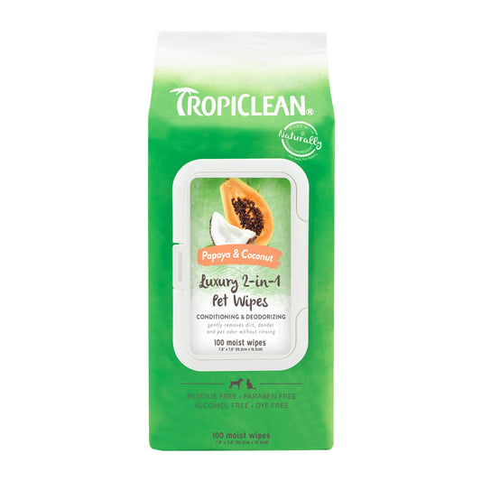 Tropiclean Luxury 2-in-1 Pet Wipes packaging with green and white design.