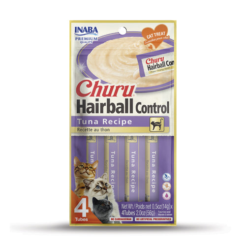 Churu Hairball Control cat treats in Tuna Recipe, 4 tubes for effective hairball management.