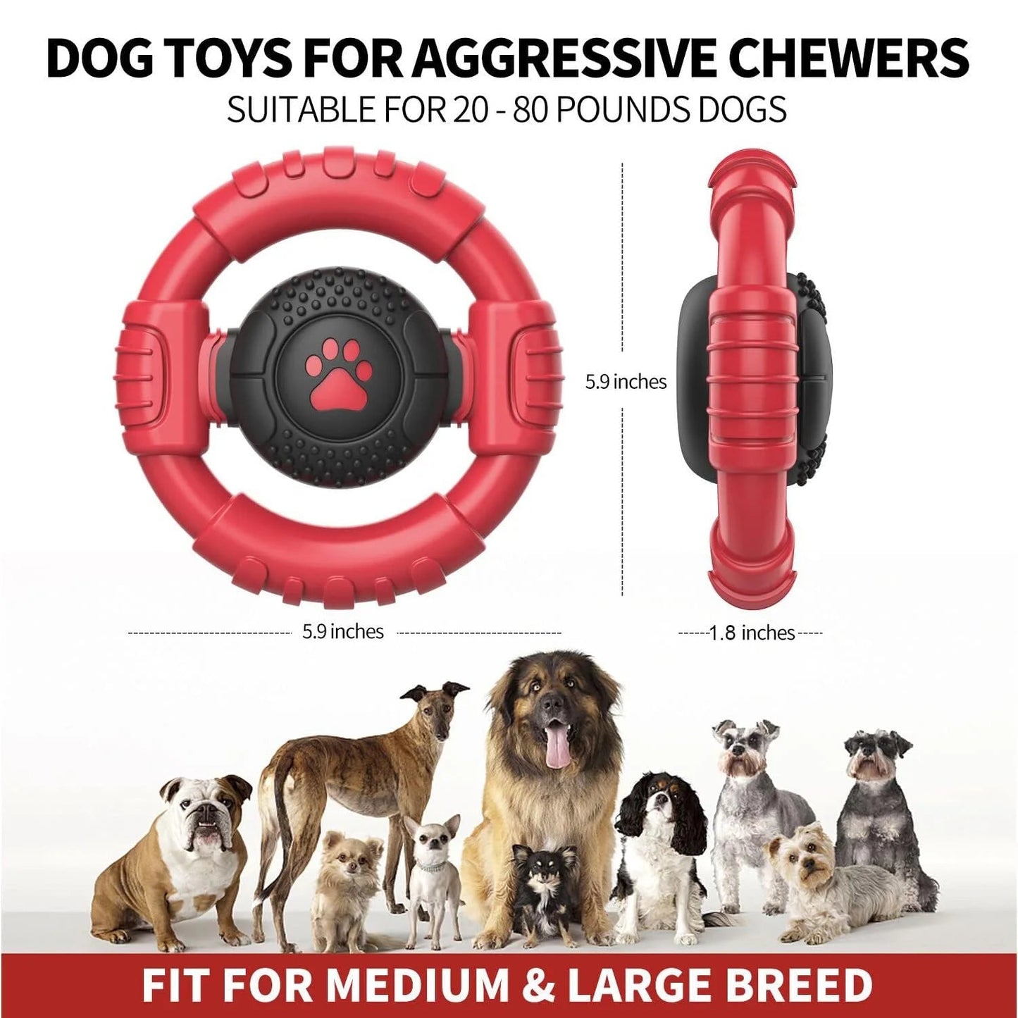 Red indestructible chew toys for aggressive chewers, 5.9 inches, ideal for medium and large breed dogs