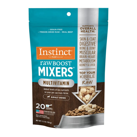 Instinct Adult Raw Boost Freeze Dried Multivitamin Dog Mixers by The Family Pet, 5.5oz, featuring vibrant packaging and he...