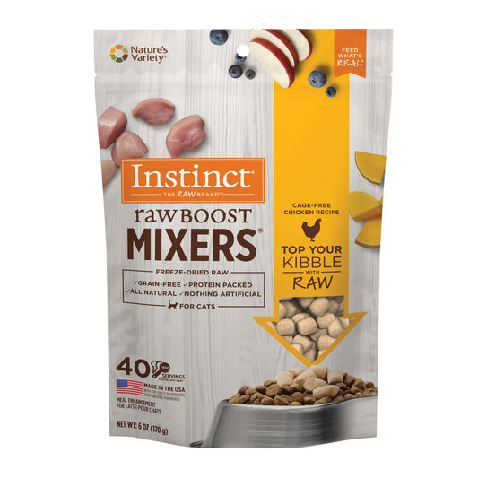 Instinct All Life Stages Raw Boost Freeze Dried Chicken Cat Food Mixers by The Family Pet, 6oz package, ideal for all cats.