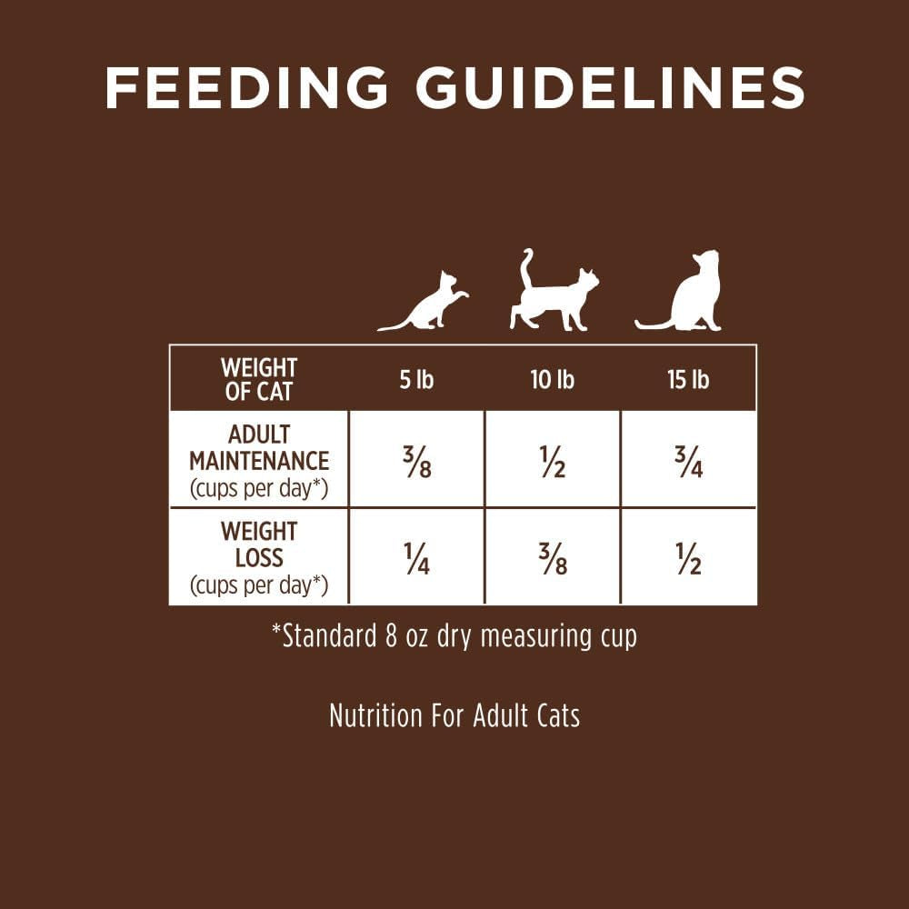 Feeding guidelines chart for healthy cat food for all life stages with recommended cup measurements