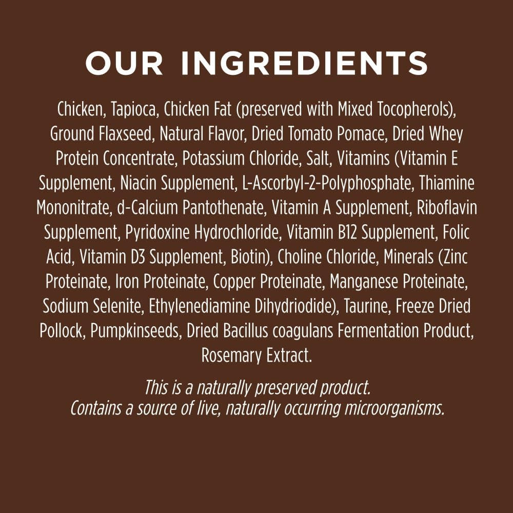 Ingredients list for Purrfect Pet Kingdom healthy cat food for all life stages in a natural recipe